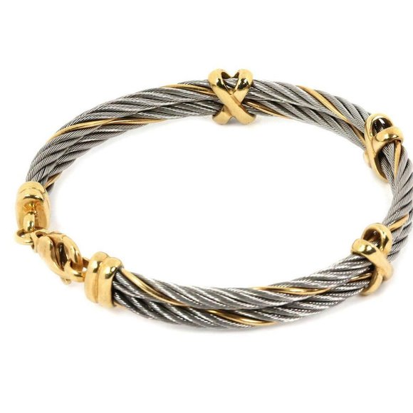 14k Gold Steel Double Cable Wire X Design Bracelet - Picture 3 of 5